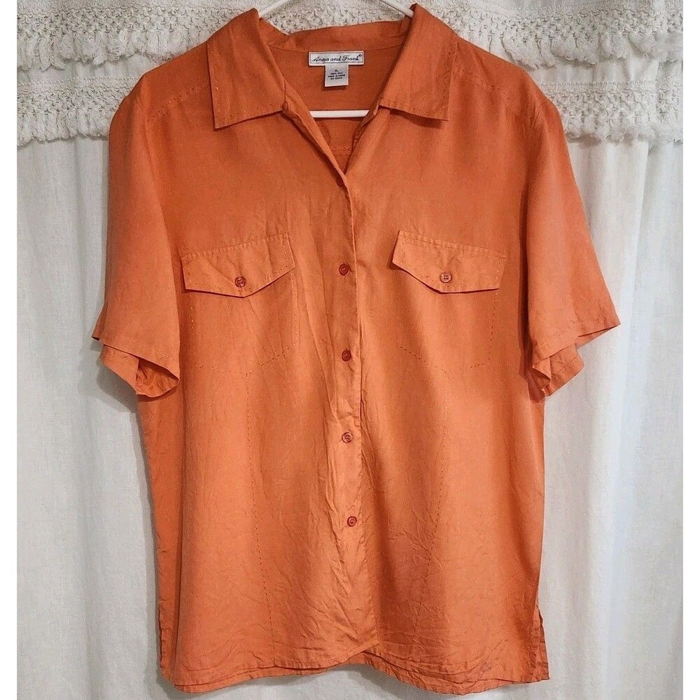 Vtg 90s Anna and Frank 100% Silk Short Sleeve Button Up, Size XL, Orange/Coral